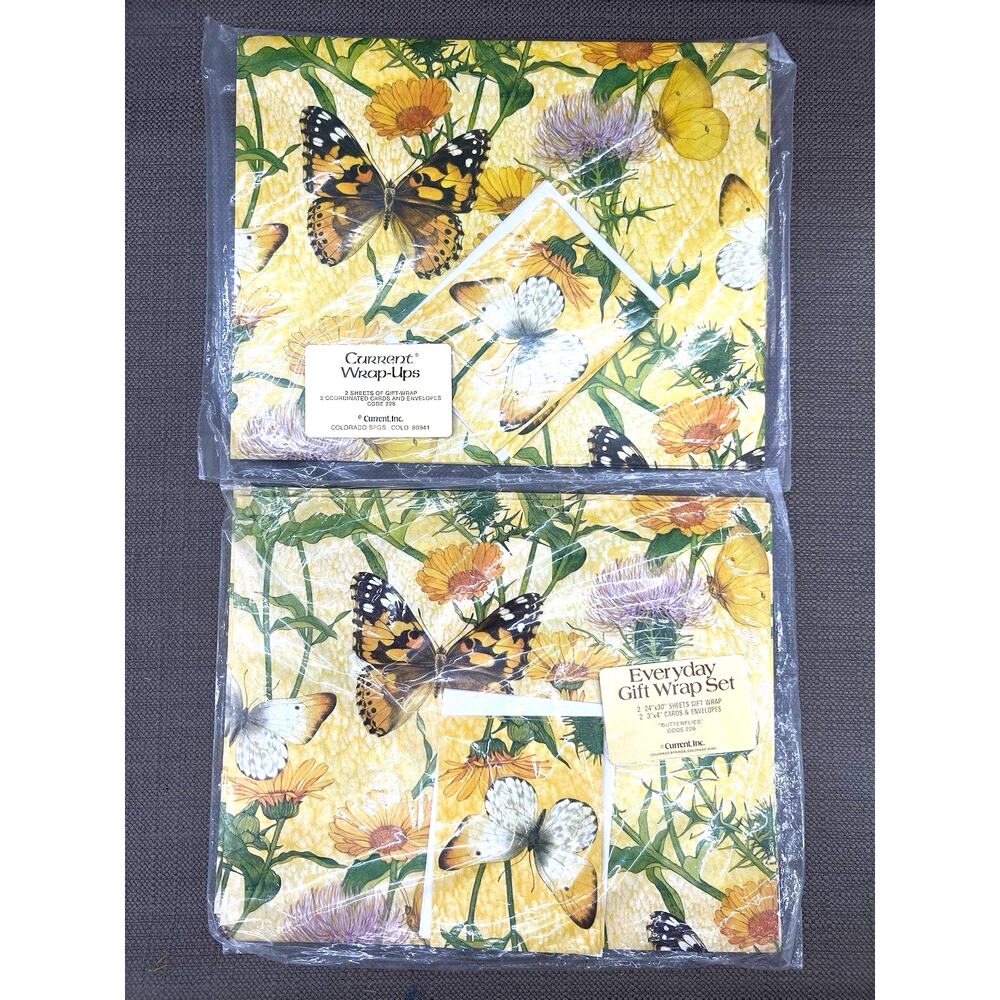 Vintage Lot 2 Wrapping Paper Gift Wrap Butterfly -4 Cards 4 Sheets 24x30 Current